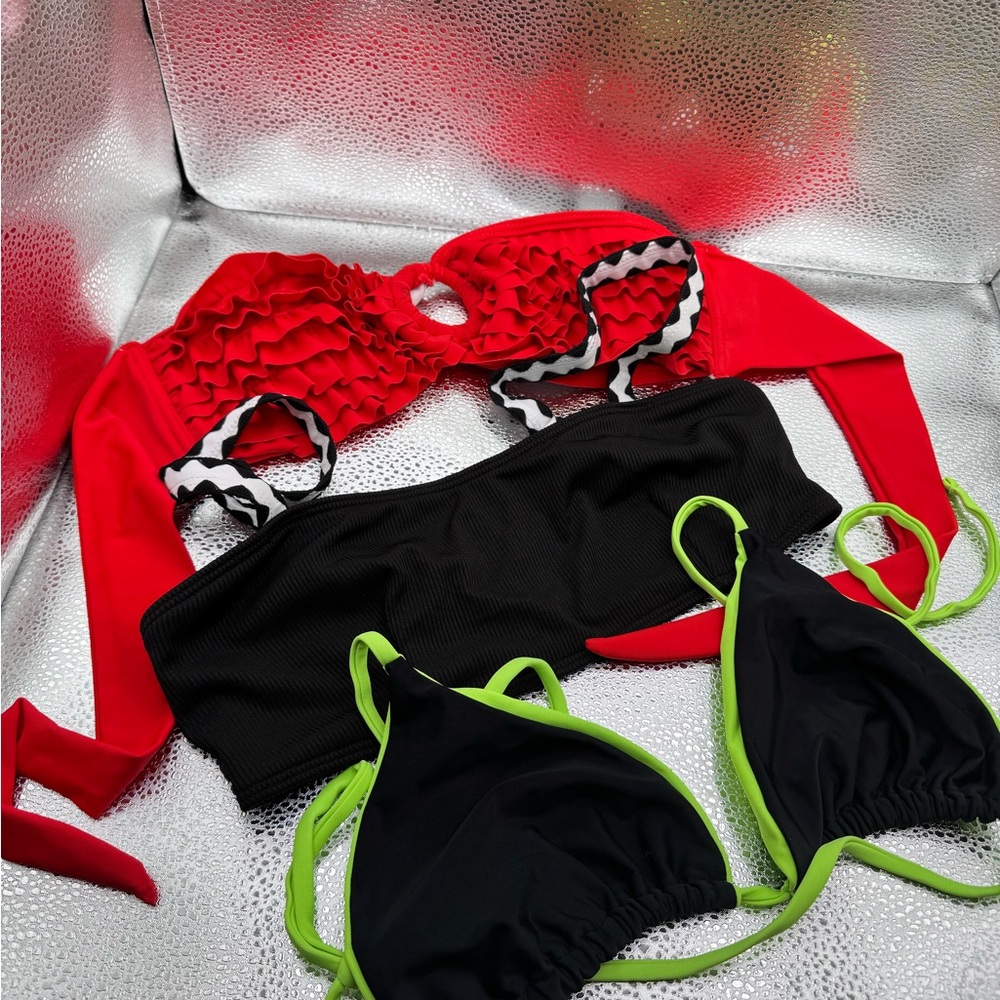 Red and Black Bikini Set with Green Accents